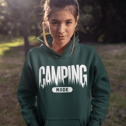 Flip the switch—you're in Camping Mode now. This hoodie says it all in a rugged forest tree font that looks like it was hand-carved by a squirrel with a crafting hobby.