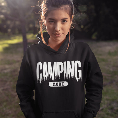 Flip the switch—you're in Camping Mode now. This hoodie says it all in a rugged forest tree font that looks like it was hand-carved by a squirrel with a crafting hobby.