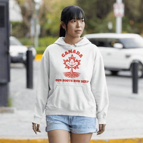 This beautifully designed hoodie features a majestic tree with deep roots, its leaves formed by the iconic Canadian maple leaf.