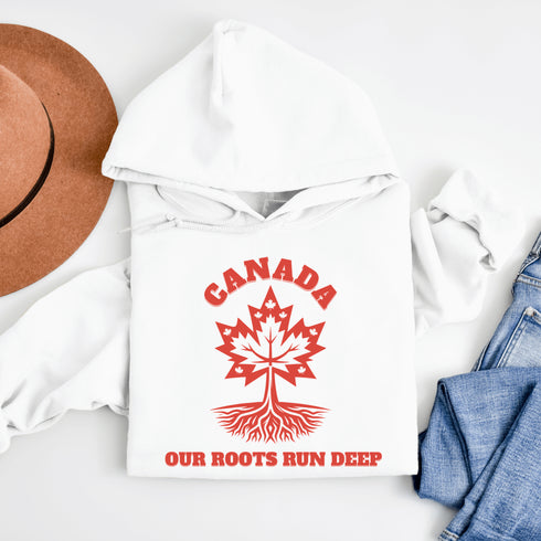 This beautifully designed hoodie features a majestic tree with deep roots, its leaves formed by the iconic Canadian maple leaf.