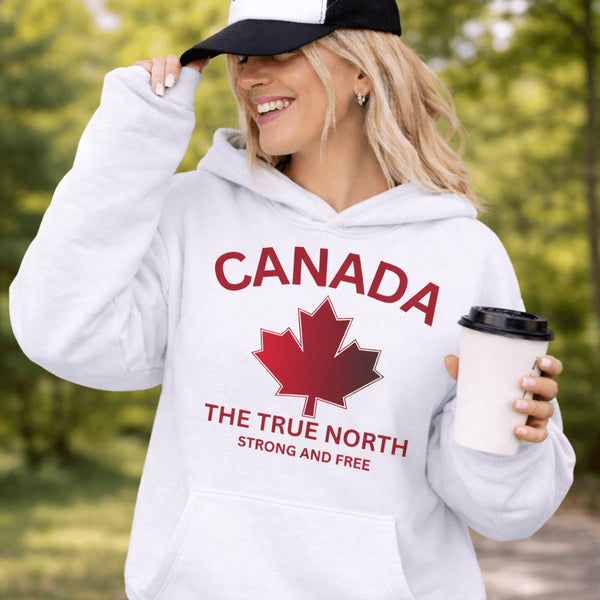 White Canada hoodie with bold maple leaf design and “True North Strong and Free” text, unisex Canadian sweatshirt
