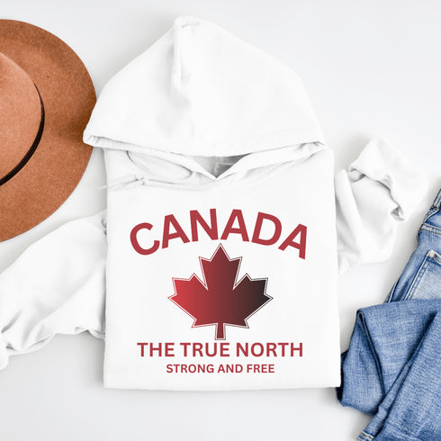 White Canada hoodie with bold maple leaf design and “True North Strong and Free” text, unisex Canadian sweatshirt