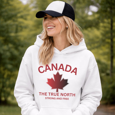 White Canada hoodie with bold maple leaf design and “True North Strong and Free” text, unisex Canadian sweatshirt
