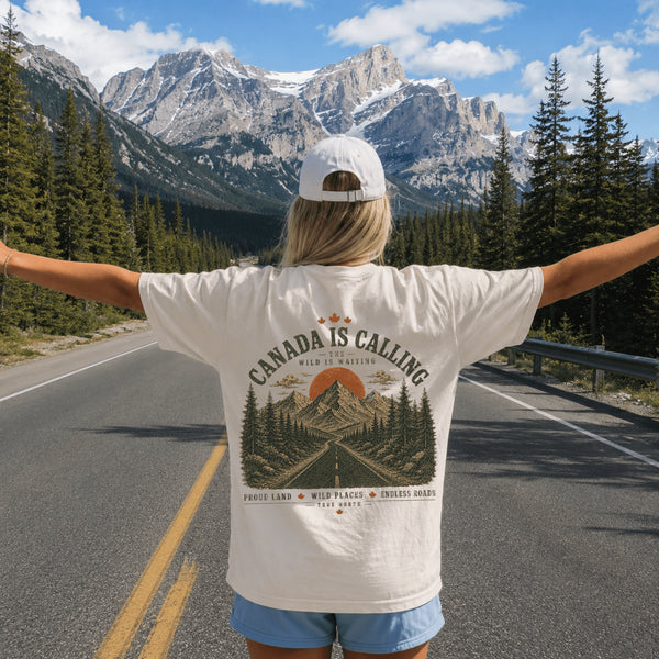 Vintage-inspired Canada Is Calling graphic printed on a Comfort Colors® 1717 garment-dyed t-shirt featuring a matching left chest pocket design and large back print, available in multiple colours.