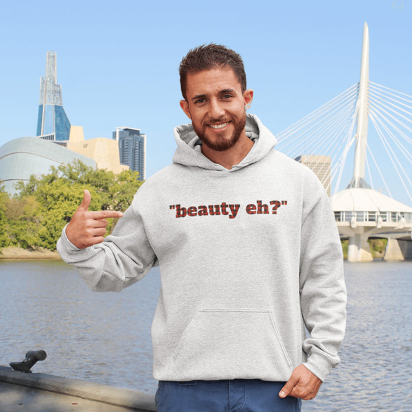 For all the true Canadians out there, here’s the “Beauty, Eh?” Hoodie, featuring bold red & black plaid lettering that just screams Great White North.