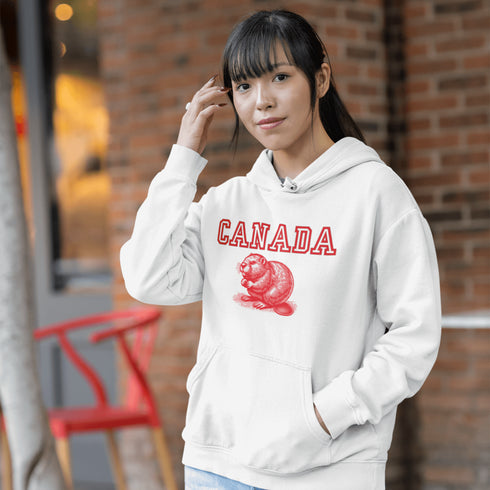 This cozy hoodie features the official mascot of Canadian chill vibes: a Canadian beaver, And smack-dab above the little guy? The iconic word "Canada," so there's no mistaking your loyalty to the land of snow, syrup, and hockey glory!