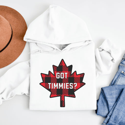 For all the die-hard Timmies fans out there, the Got Timmies? Hoodie is here! Featuring bold red & black plaid lettering, this hoodie proudly asks the only question that really matters.