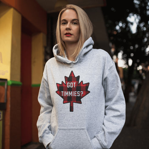 For all the die-hard Timmies fans out there, the Got Timmies? Hoodie is here! Featuring bold red & black plaid lettering, this hoodie proudly asks the only question that really matters.