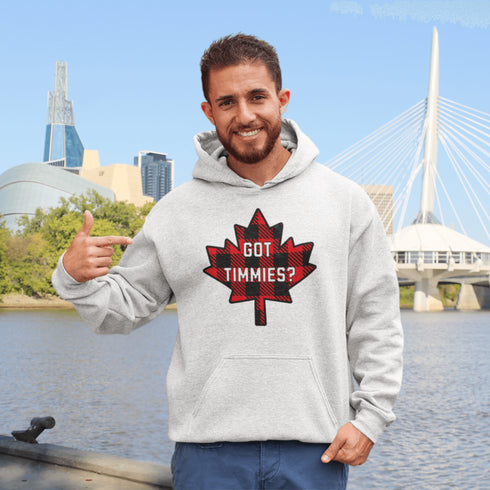 For all the die-hard Timmies fans out there, the Got Timmies? Hoodie is here! Featuring bold red & black plaid lettering, this hoodie proudly asks the only question that really matters.
