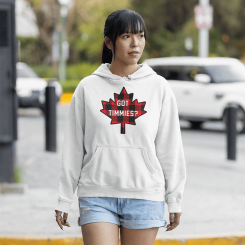 For all the die-hard Timmies fans out there, the Got Timmies? Hoodie is here! Featuring bold red & black plaid lettering, this hoodie proudly asks the only question that really matters.