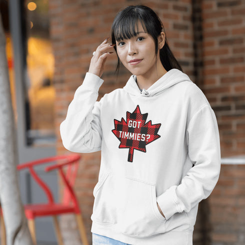 For all the die-hard Timmies fans out there, the Got Timmies? Hoodie is here! Featuring bold red & black plaid lettering, this hoodie proudly asks the only question that really matters.