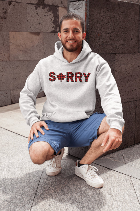 Say “Sorry” the Canadian way with our Sorry, Eh? Hoodie! Featuring "Sorry" in red and black plaid with a maple leaf as the “O,” this hoodie is apologetically Canadian in every way.