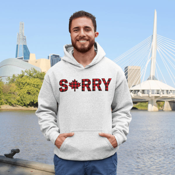 Say “Sorry” the Canadian way with our Sorry, Eh? Hoodie! Featuring "Sorry" in red and black plaid with a maple leaf as the “O,” this hoodie is apologetically Canadian in every way.