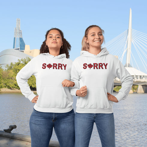 Say “Sorry” the Canadian way with our Sorry, Eh? Hoodie! Featuring "Sorry" in red and black plaid with a maple leaf as the “O,” this hoodie is apologetically Canadian in every way.