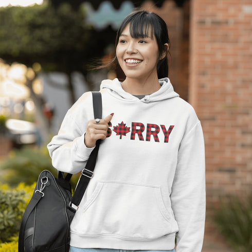 Say “Sorry” the Canadian way with our Sorry, Eh? Hoodie! Featuring "Sorry" in red and black plaid with a maple leaf as the “O,” this hoodie is apologetically Canadian in every way.