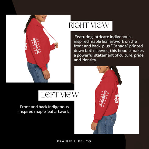 Premium Canada hoodie featuring Indigenous-inspired maple leaf art and Canada sleeve print. Cozy unisex sweatshirt perfect for travel, gifts, and everyday wear.