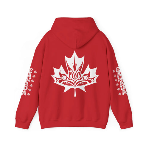 Premium Canada hoodie featuring Indigenous-inspired maple leaf art and Canada sleeve print. Cozy unisex sweatshirt perfect for travel, gifts, and everyday wear.