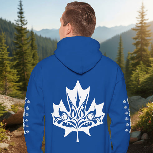 Premium Canada hoodie featuring Indigenous-inspired maple leaf art and Canada sleeve print. Cozy unisex sweatshirt perfect for travel, gifts, and everyday wear.