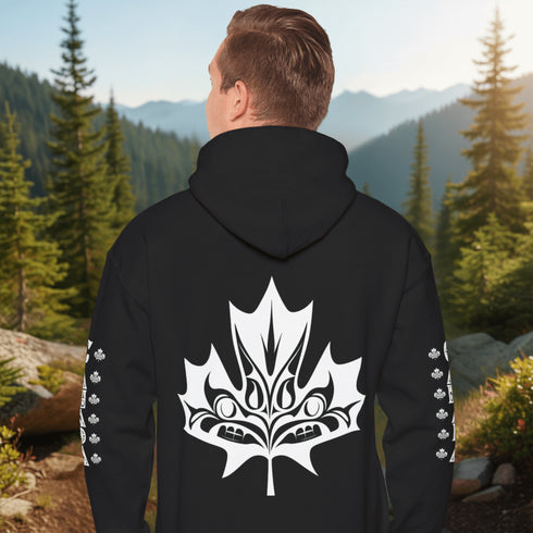 Premium Canada hoodie featuring Indigenous-inspired maple leaf art and Canada sleeve print. Cozy unisex sweatshirt perfect for travel, gifts, and everyday wear.