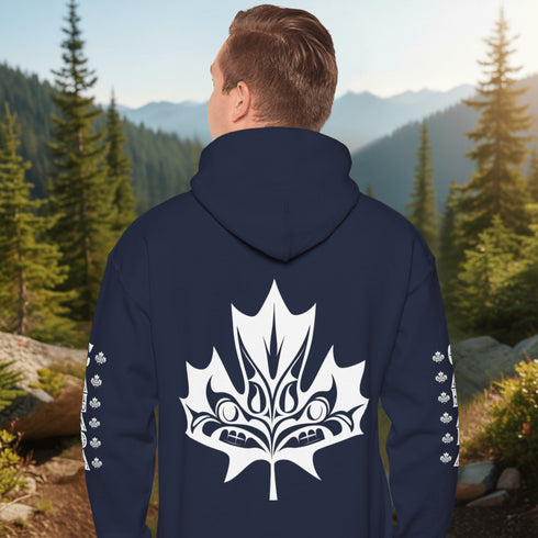 Premium Canada hoodie featuring Indigenous-inspired maple leaf art and Canada sleeve print. Cozy unisex sweatshirt perfect for travel, gifts, and everyday wear.