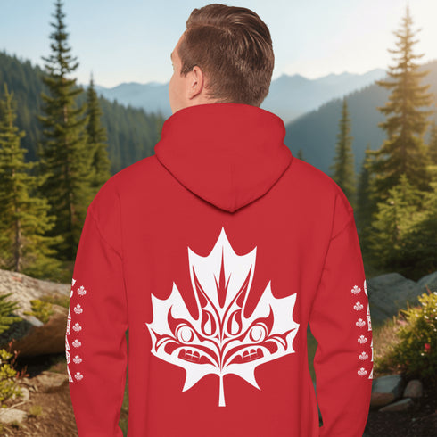 Premium Canada hoodie featuring Indigenous-inspired maple leaf art and Canada sleeve print. Cozy unisex sweatshirt perfect for travel, gifts, and everyday wear.
