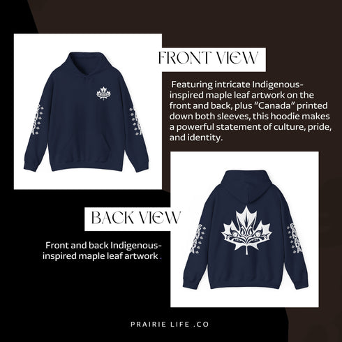 Premium Canada hoodie featuring Indigenous-inspired maple leaf art and Canada sleeve print. Cozy unisex sweatshirt perfect for travel, gifts, and everyday wear.