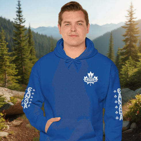 Premium Canada hoodie featuring Indigenous-inspired maple leaf art and Canada sleeve print. Cozy unisex sweatshirt perfect for travel, gifts, and everyday wear.