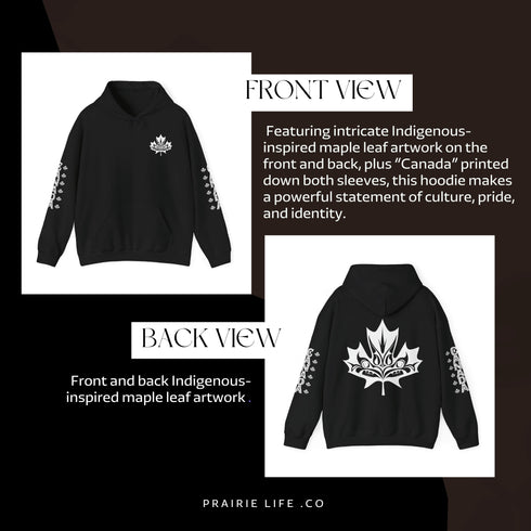 Premium Canada hoodie featuring Indigenous-inspired maple leaf art and Canada sleeve print. Cozy unisex sweatshirt perfect for travel, gifts, and everyday wear.