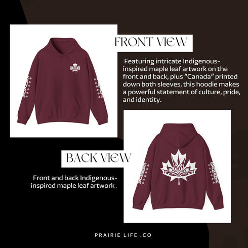 Premium Canada hoodie featuring Indigenous-inspired maple leaf art and Canada sleeve print. Cozy unisex sweatshirt perfect for travel, gifts, and everyday wear.