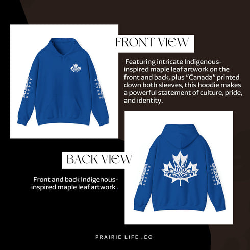 Premium Canada hoodie featuring Indigenous-inspired maple leaf art and Canada sleeve print. Cozy unisex sweatshirt perfect for travel, gifts, and everyday wear.