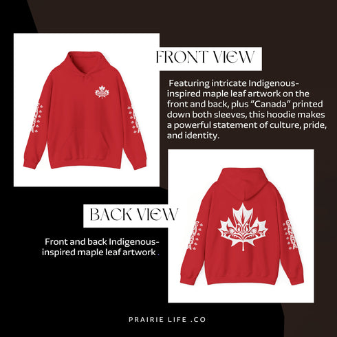 Premium Canada hoodie featuring Indigenous-inspired maple leaf art and Canada sleeve print. Cozy unisex sweatshirt perfect for travel, gifts, and everyday wear.