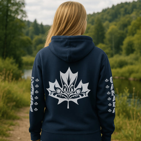 Premium Canada hoodie featuring Indigenous-inspired maple leaf art and Canada sleeve print. Cozy unisex sweatshirt perfect for travel, gifts, and everyday wear.