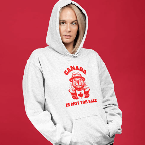 Show off your unapologetic Canadian pride with our bold and rebellious "Canada Is Not For Sale" hoodie. Featuring a feisty beaver rocking a Canada shirt and hat