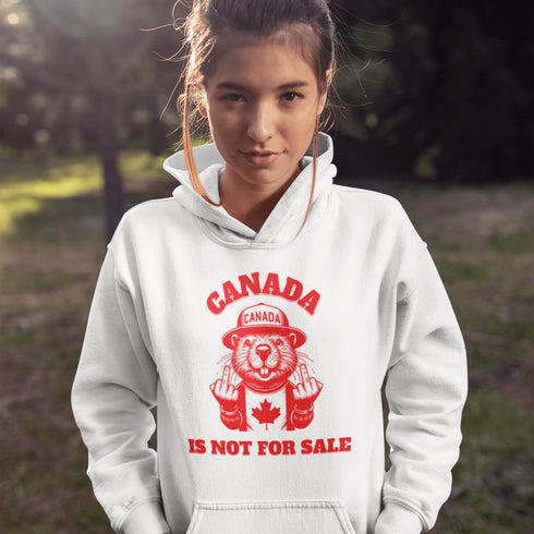 Show off your unapologetic Canadian pride with our bold and rebellious "Canada Is Not For Sale" hoodie. Featuring a feisty beaver rocking a Canada shirt and hat