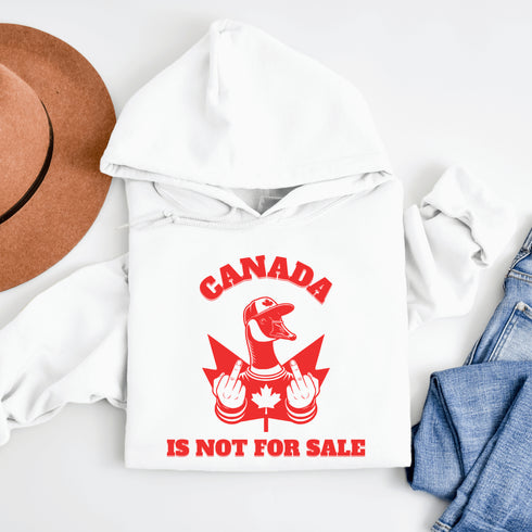 Show off your unapologetic Canadian pride with our bold and rebellious "Canada Is Not For Sale" hoodie. Featuring a feisty goose rocking a Canada shirt and hat