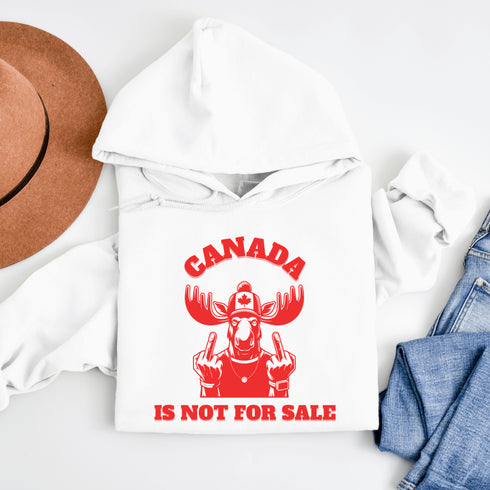 Show off your unapologetic Canadian pride with our bold and rebellious "Canada Is Not For Sale" hoodie. Featuring a feisty moose rocking a Canada shirt and hat