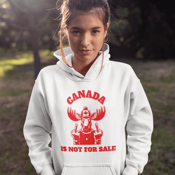 Show off your unapologetic Canadian pride with our bold and rebellious "Canada Is Not For Sale" hoodie. Featuring a feisty moose rocking a Canada shirt and hat