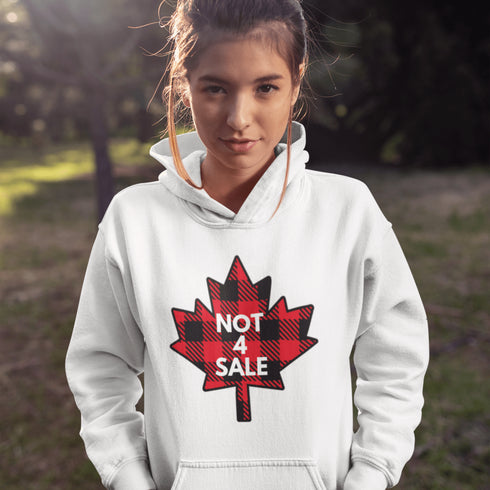 Show off your Canadian pride with our "Not 4 Sale" hoodie, featuring a bold Canadian plaid maple leaf design.