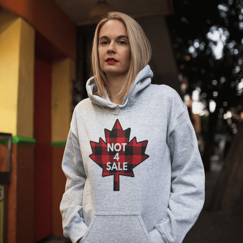 Show off your Canadian pride with our "Not 4 Sale" hoodie, featuring a bold Canadian plaid maple leaf design.