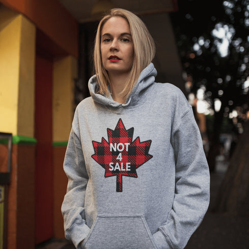 Show off your Canadian pride with our "Not 4 Sale" hoodie, featuring a bold Canadian plaid maple leaf design.