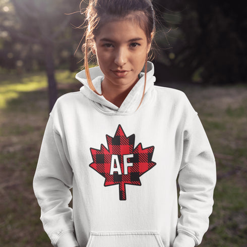 Featuring a red & black plaid maple leaf and the letters “AF” proudly displayed, this hoodie is for anyone who’s unapologetically Canadian… AF.