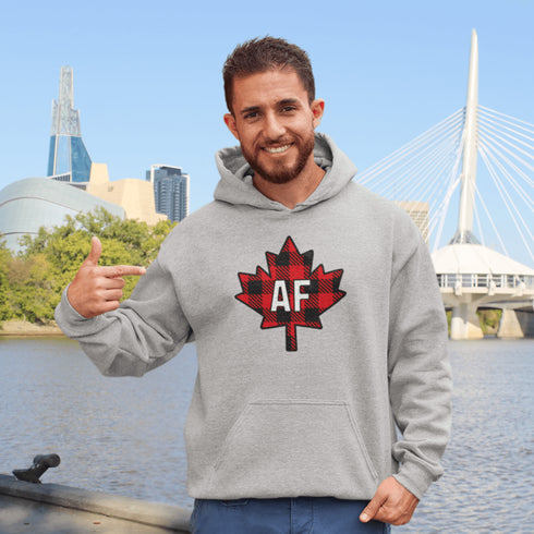 Featuring a red & black plaid maple leaf and the letters “AF” proudly displayed, this hoodie is for anyone who’s unapologetically Canadian… AF.