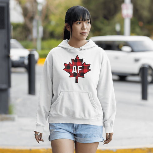 Featuring a red & black plaid maple leaf and the letters “AF” proudly displayed, this hoodie is for anyone who’s unapologetically Canadian… AF.