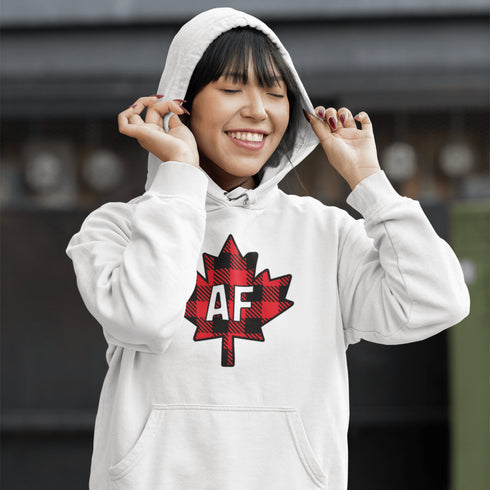 Featuring a red & black plaid maple leaf and the letters “AF” proudly displayed, this hoodie is for anyone who’s unapologetically Canadian… AF.