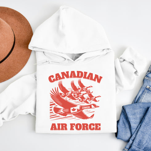 Defend the skies (or at least the local pond) with our "Canadian Air Force" hoodie! Featuring a flock of geese flying in a perfect fighter jet formation
