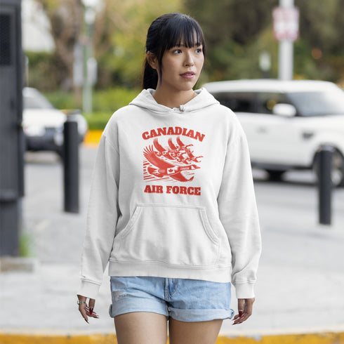 Defend the skies (or at least the local pond) with our "Canadian Air Force" hoodie! Featuring a flock of geese flying in a perfect fighter jet formation