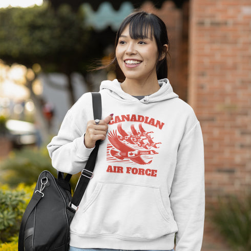 Defend the skies (or at least the local pond) with our "Canadian Air Force" hoodie! Featuring a flock of geese flying in a perfect fighter jet formation