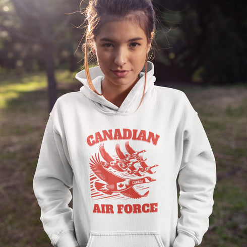Defend the skies (or at least the local pond) with our "Canadian Air Force" hoodie! Featuring a flock of geese flying in a perfect fighter jet formation