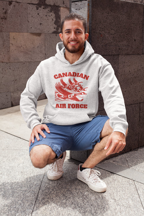 Defend the skies (or at least the local pond) with our "Canadian Air Force" hoodie! Featuring a flock of geese flying in a perfect fighter jet formation