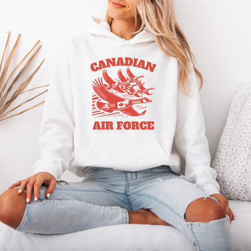Defend the skies (or at least the local pond) with our "Canadian Air Force" hoodie! Featuring a flock of geese flying in a perfect fighter jet formation